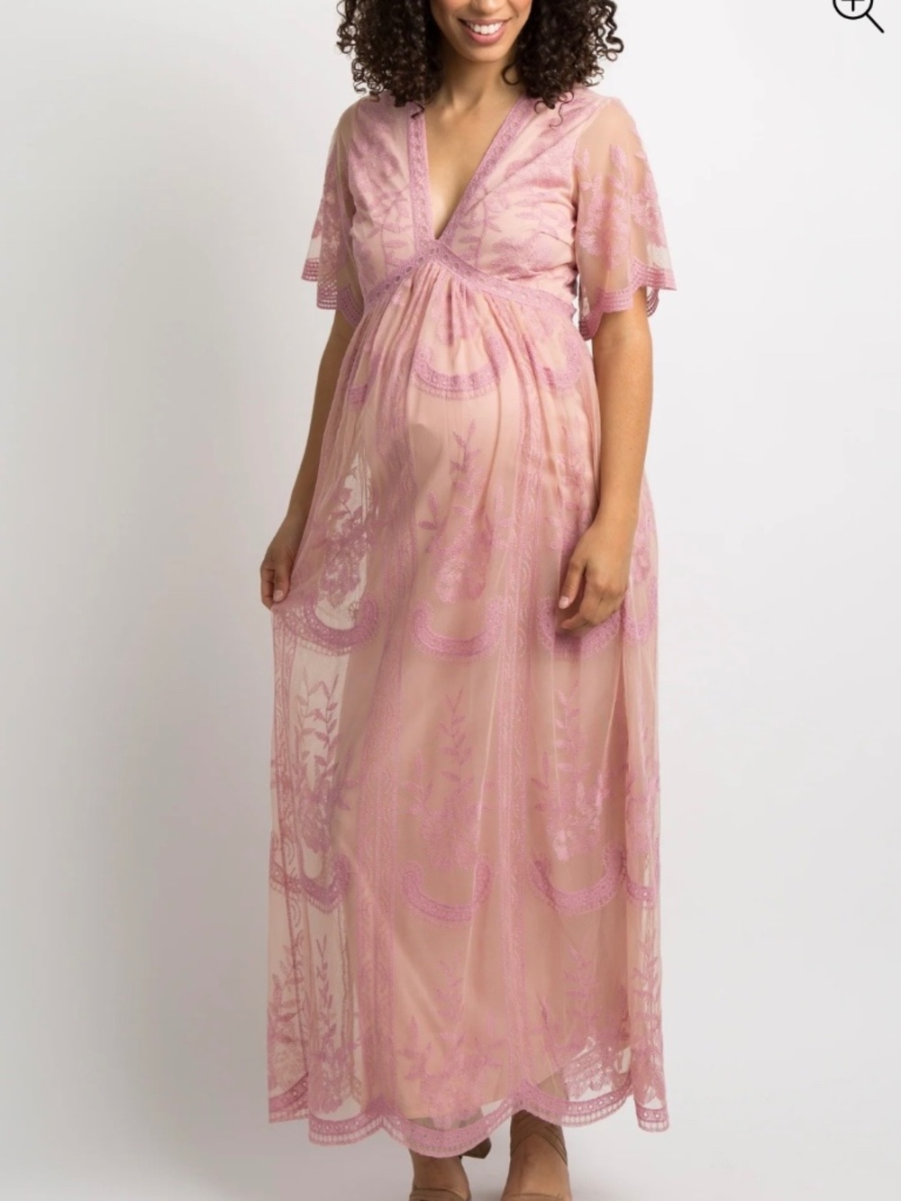 Pink Lace Mesh Overlay Maternity Maxi Dress S-M